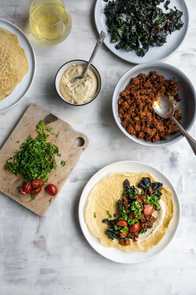 Chorizo Shawarma Crepes With Lemon Tahini La Crema