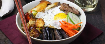 Autumn Bibimbap with Brussels Sprouts and Mushrooms